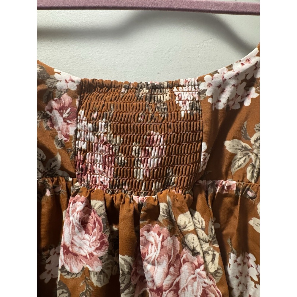 Wayf Womens Pecan Floral Peasant Baby Doll 3/4 Sleeve Mini Dress Sz Xs - Picture 3 of 13